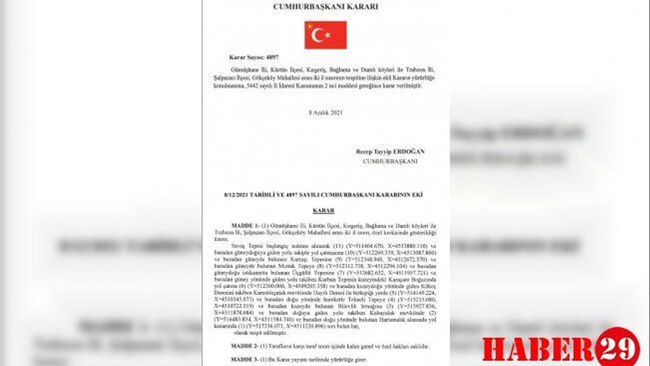 Gümüşhane ve Trabzon'un sınırlarına ilişkin yeni karar