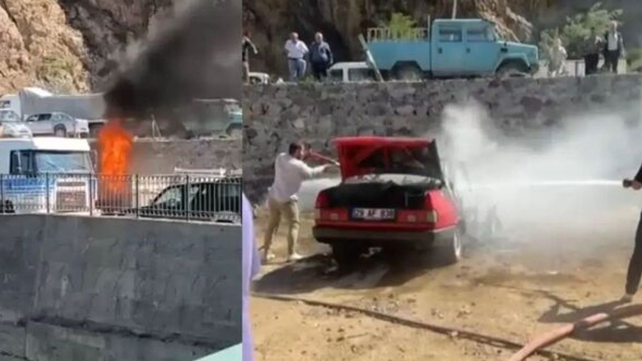 Gümüşhane’de park halindeki LPG’li otomobil alev alev yandı