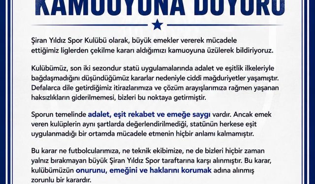 Türk Futbolunda Şok Karar: Şampiyon Şiran Yıldız Spor Ligden Çekildi!