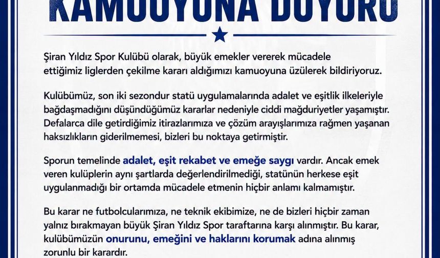 Türk Futbolunda Şok Karar: Şampiyon Şiran Yıldız Spor Ligden Çekildi!